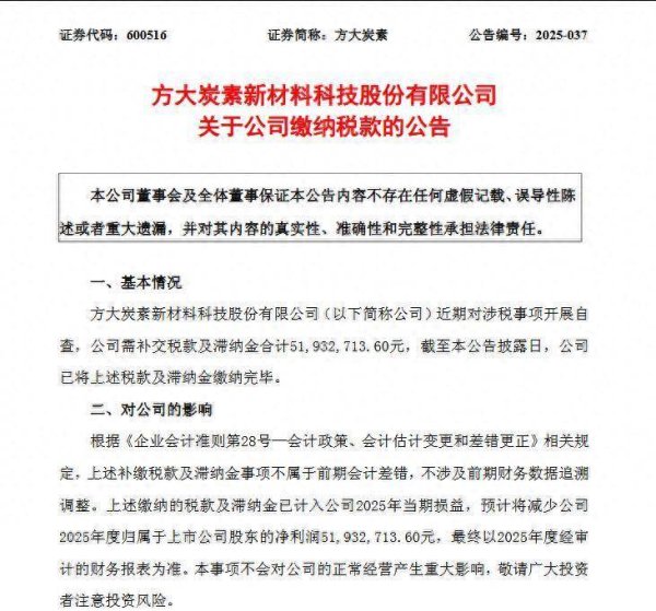 牛管家 方大炭素补交税款及滞纳金5193万元，公司上半年净利下降68%
